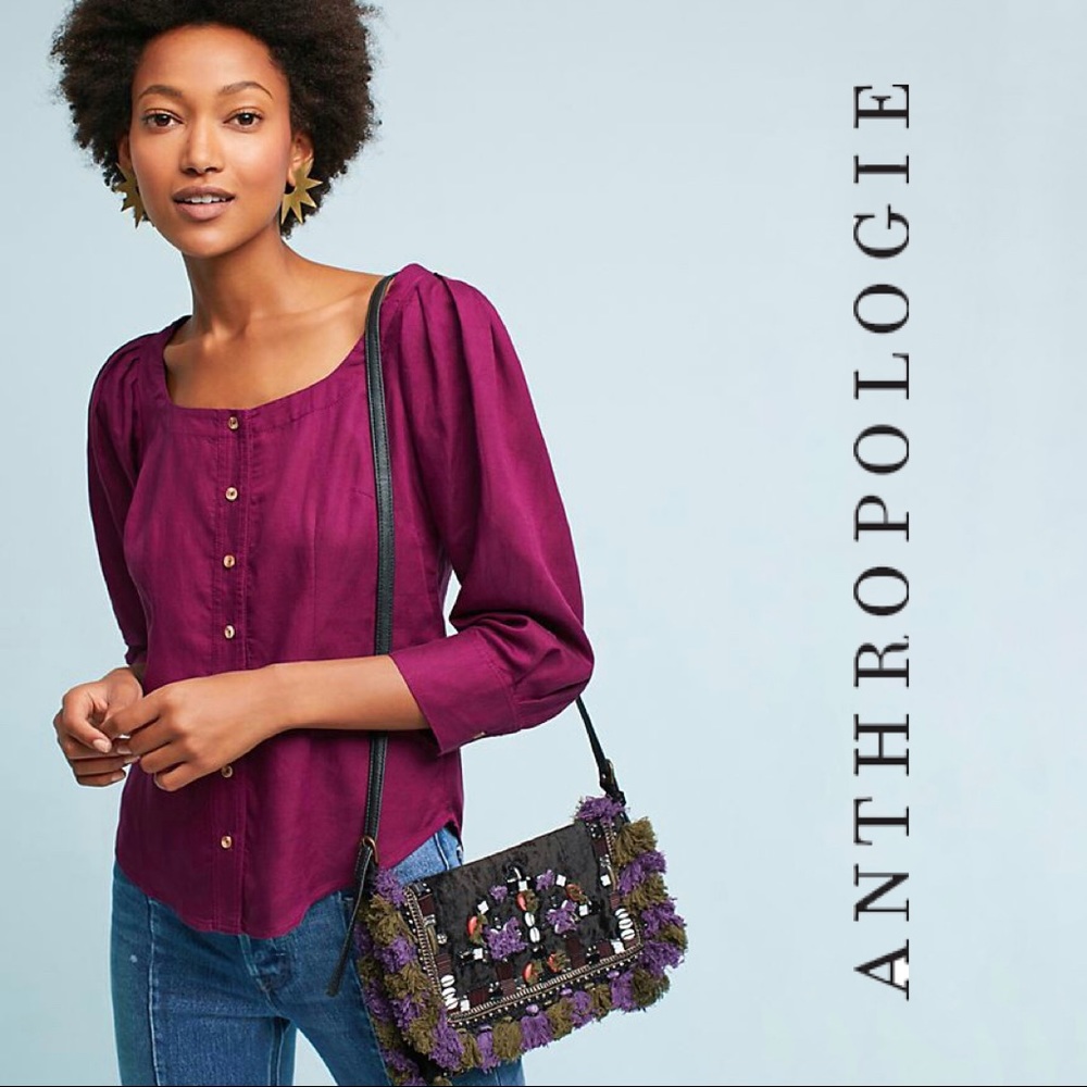 Anthro Maeve Plum “Solange” Puff Sleeve Button Top